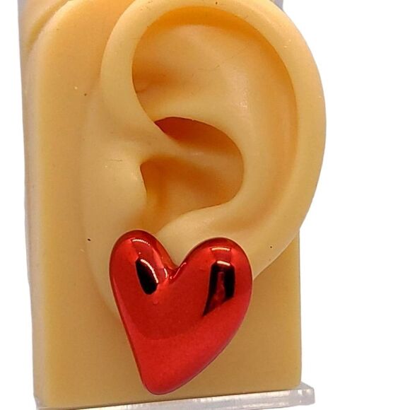 Cute Puffy Red Metallic Heart Shaped Stud Earrings Valentine's Day Jewelry New - Picture 4 of 7